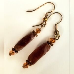 Handmade semiprecious geo cut drop earrings brown and amber